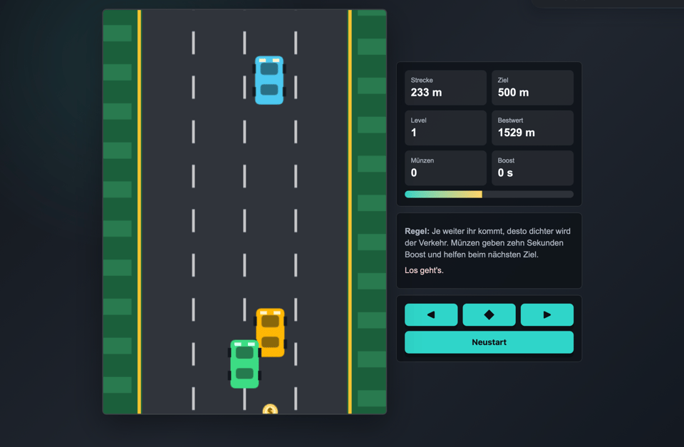 Screenshot des selbst gebauten Autorennspiels: Straße von oben mit drei Autos, daneben Anzeigen für Strecke, Ziel, Level und Bestwert.